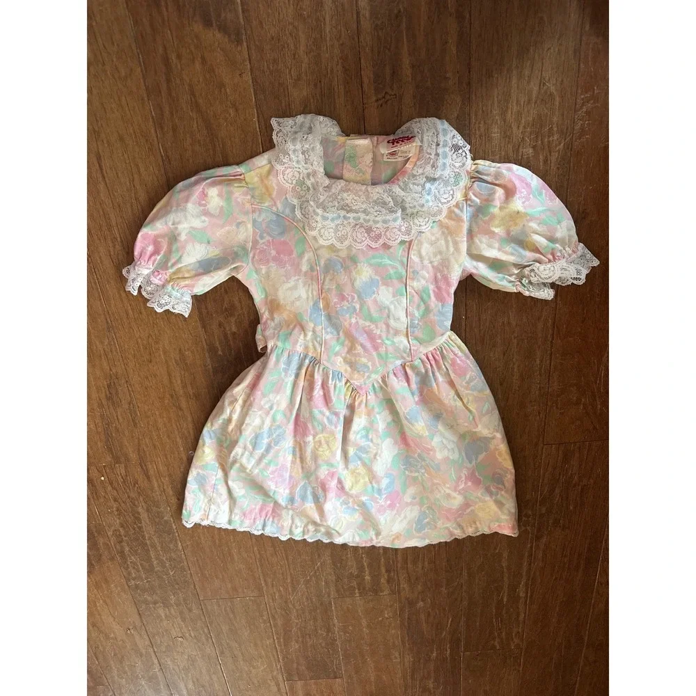 Vintage Cuddle Teen Pastel Floral Lace Collar Dress Made in USA‎ summer Size 7